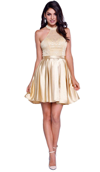 Nox Anabel - 6217 Illusion Laced Halter Short Prom Dress Special Occasion Dress XS / Gold