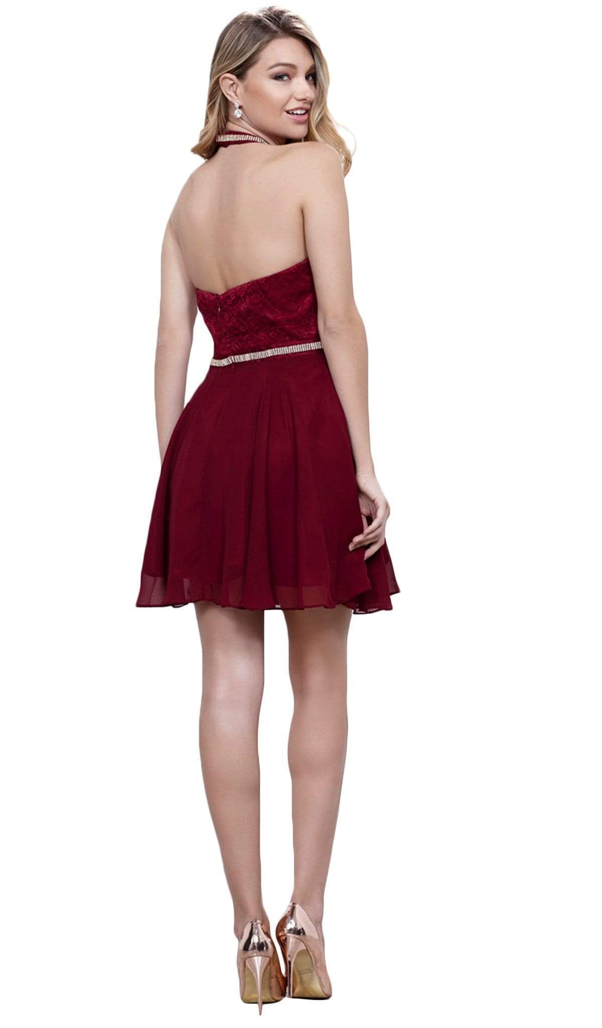 Nox Anabel - 6225 Illusion High Halter Lace Cocktail Dress Special Occasion Dress XS / Burgundy
