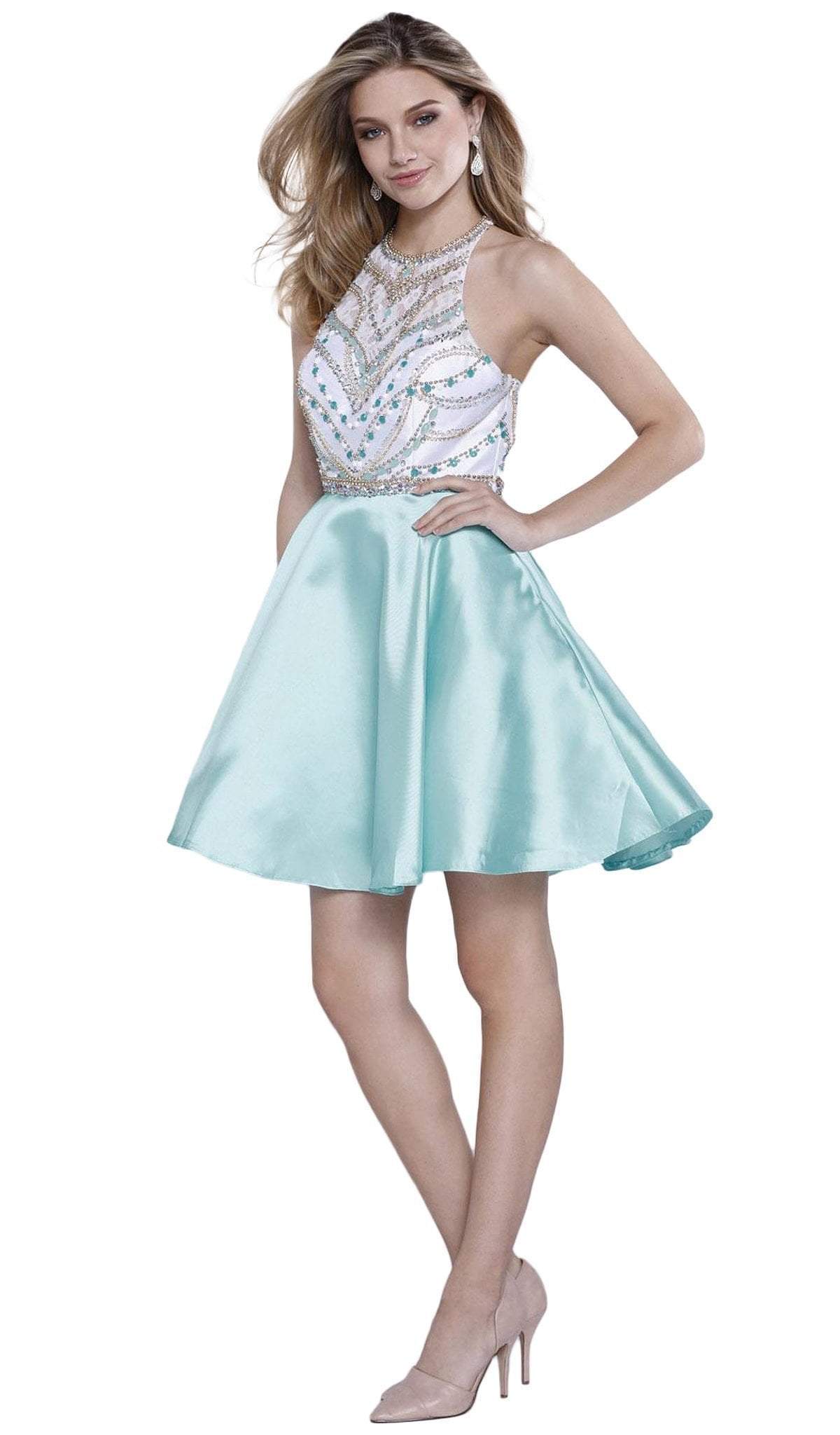 Nox Anabel - 6247 Beaded High Halter Illusion Satin Short Cocktail Dress Special Occasion Dress XS / Mint Green & White
