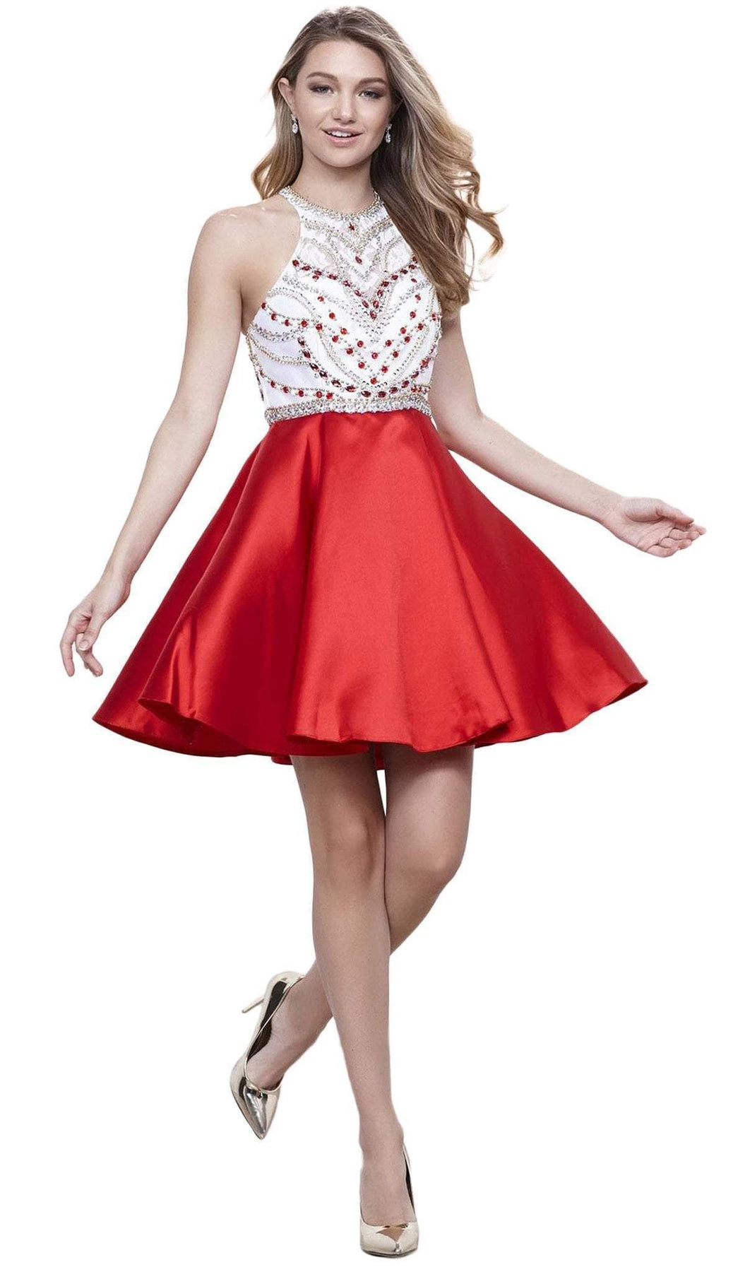 Nox Anabel - 6247 Beaded High Halter Illusion Satin Short Cocktail Dress Special Occasion Dress XS / Red & White