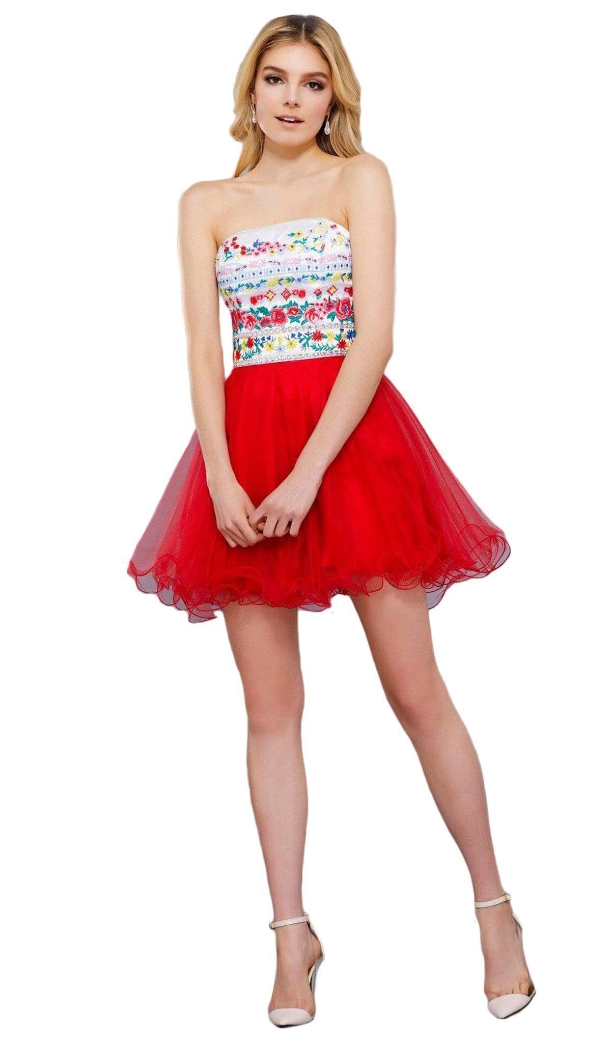 Nox Anabel - 6249 Embroidered Laced Up Tulle Cocktail Dress Special Occasion Dress XS / Red & White