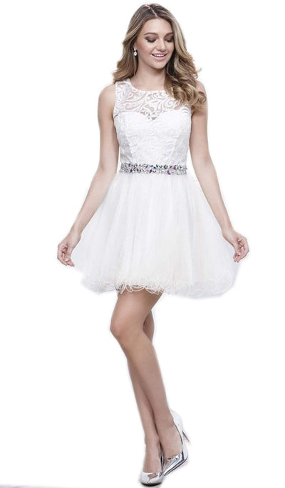 Nox Anabel - 6252 Embroidered Bodice Tulle Short Party Dress Special Occasion Dress XS / White