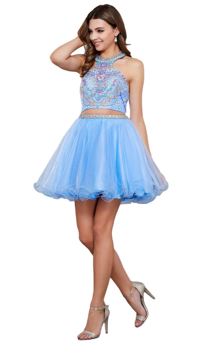 Nox Anabel - 6259 Two-Piece Halter Beaded Bodice Dress Special Occasion Dress XS / Ice Blue