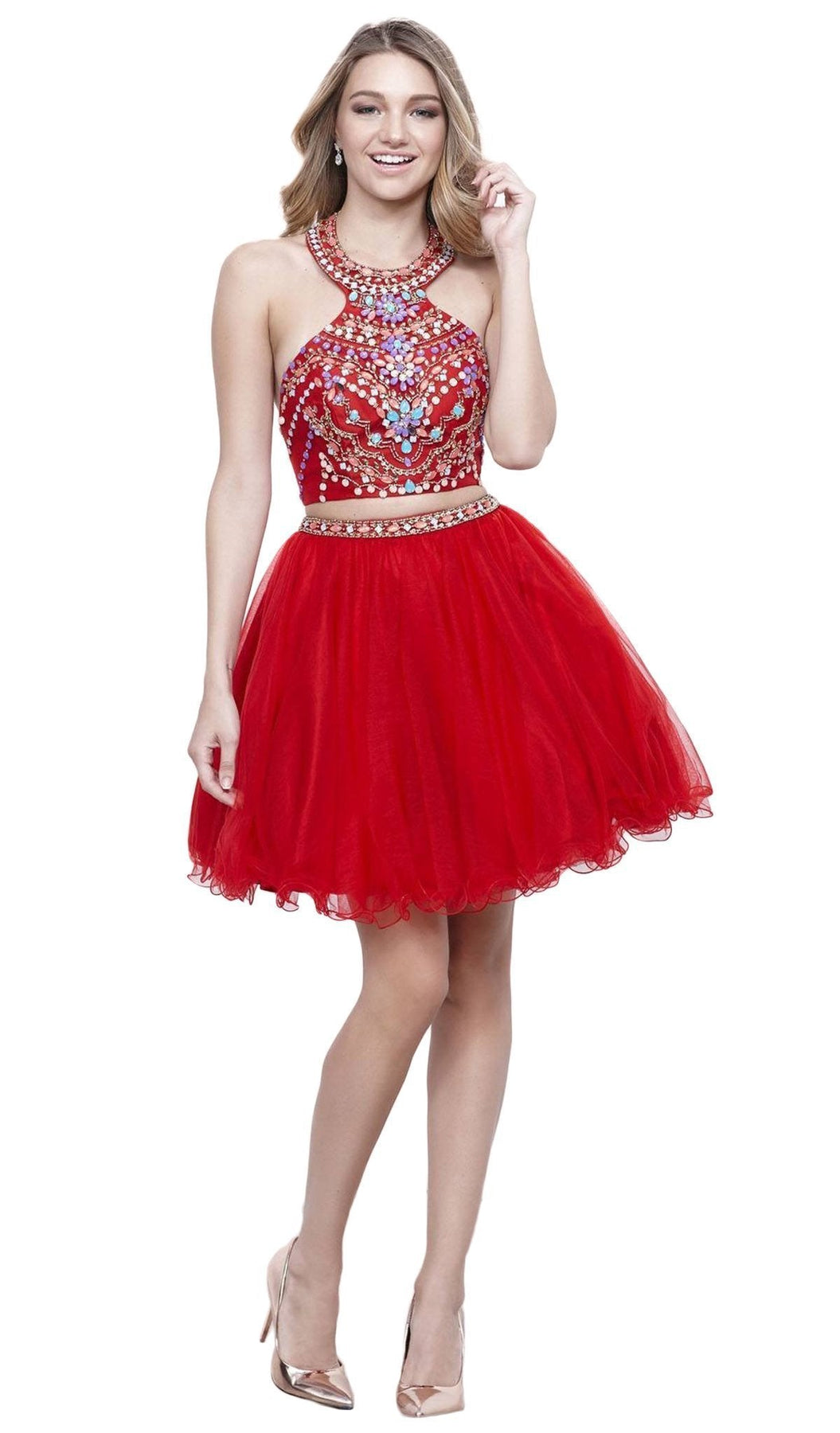 Nox Anabel - 6259 Two-Piece Halter Beaded Bodice Dress Special Occasion Dress XS / Red