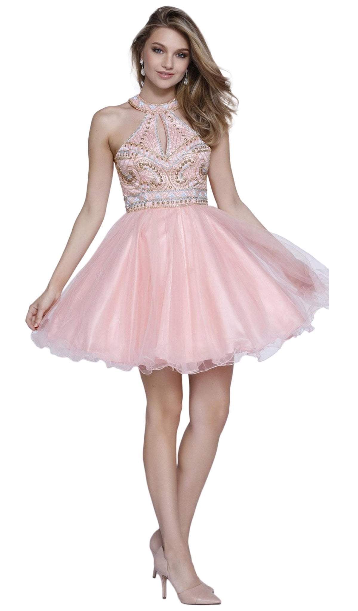 Nox Anabel - 6260 High Halter Keyhole Embellished Dress Special Occasion Dress XS / Bashful Pink