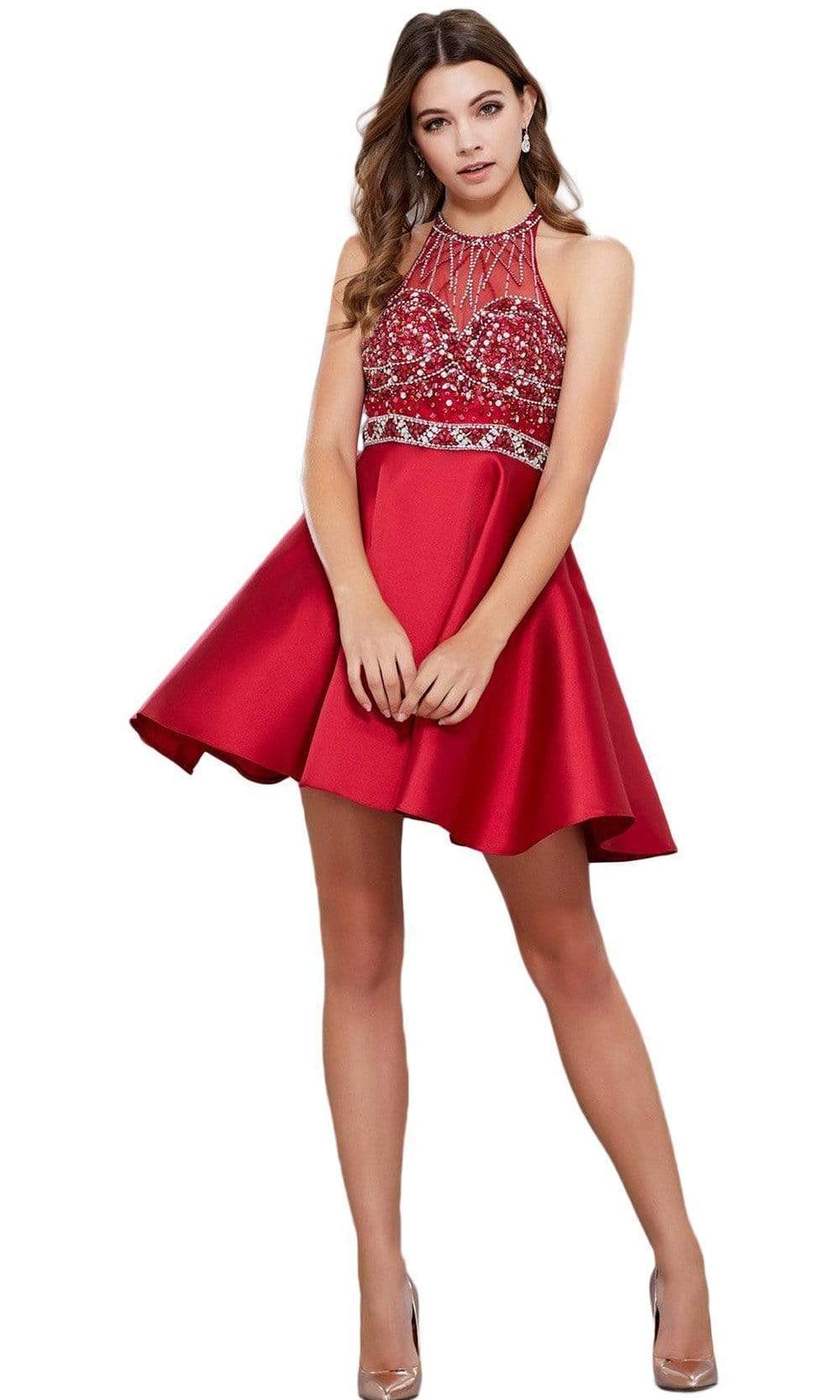 Nox Anabel - 6262 Ornate High Halter Illusion Cocktail Dress Special Occasion Dress XS / Burgundy
