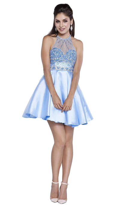 Nox Anabel - 6262 Ornate High Halter Illusion Cocktail Dress Special Occasion Dress XS / Ice Blue