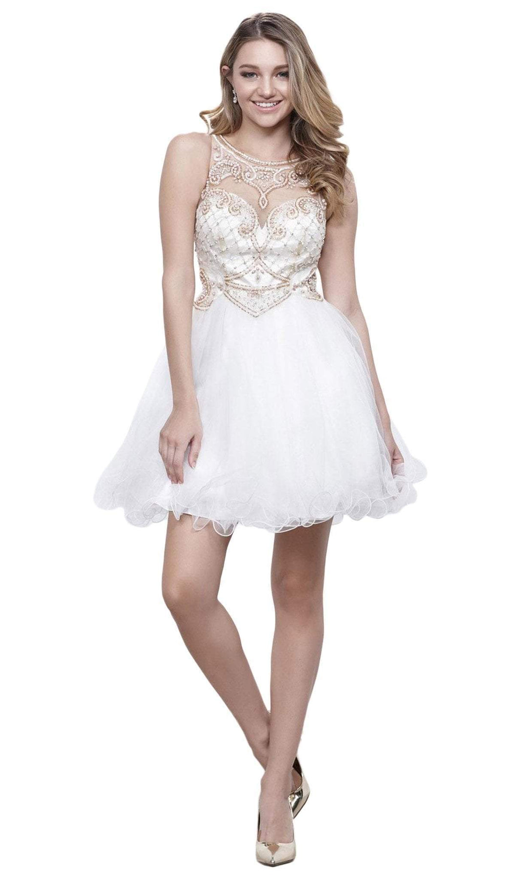 Nox Anabel - 6271 Bead-Embellished Illusion Cocktail Dress Special Occasion Dress XS / Ivory & Gold