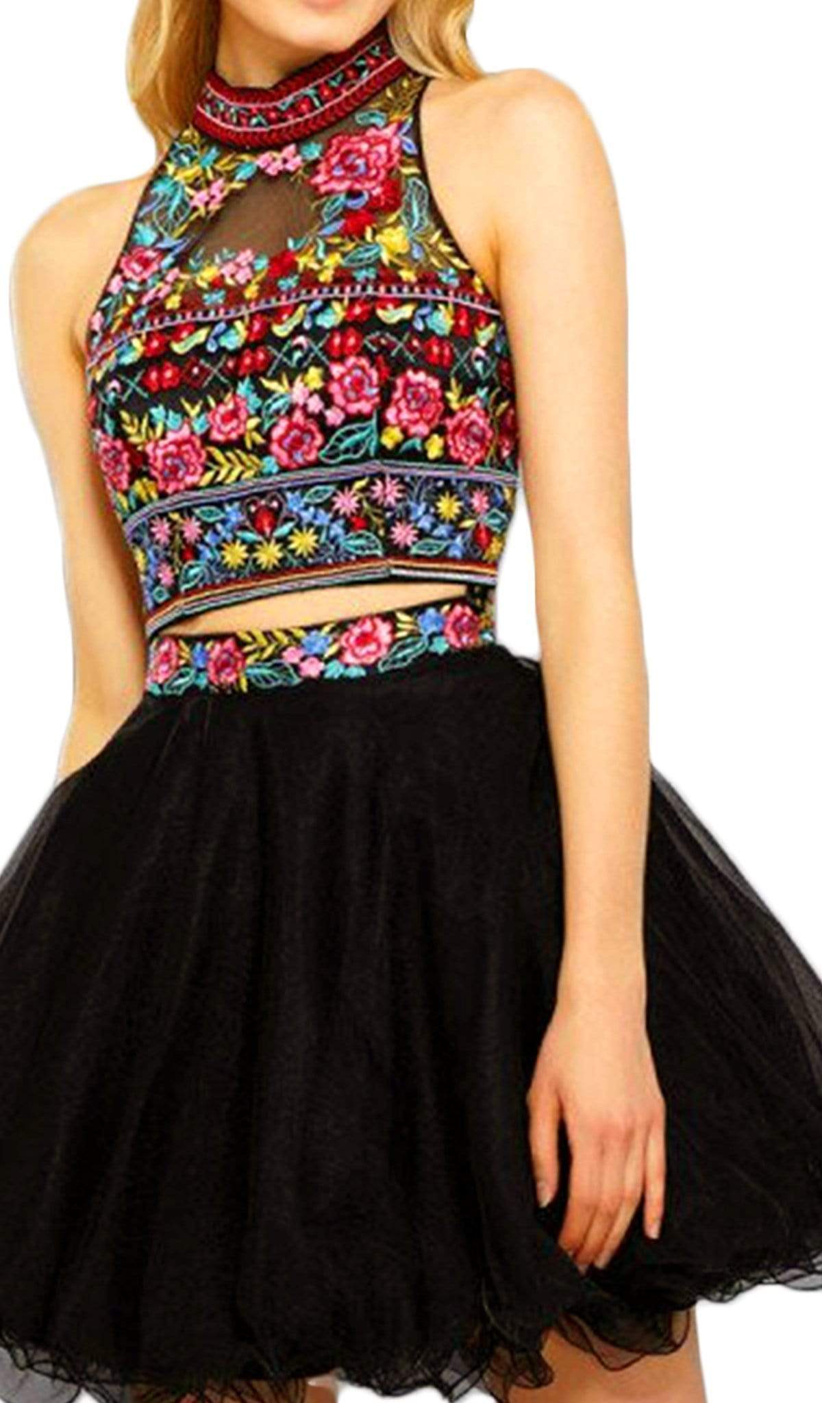 Nox Anabel - 6272 Halter Illusion Cutout Floral Cocktail Dress Special Occasion Dress XS / Black