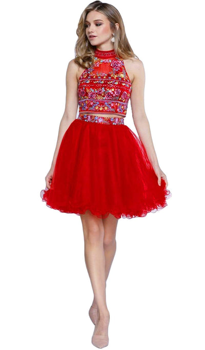 Nox Anabel - 6272 Halter Illusion Cutout Floral Cocktail Dress Special Occasion Dress XS / Red