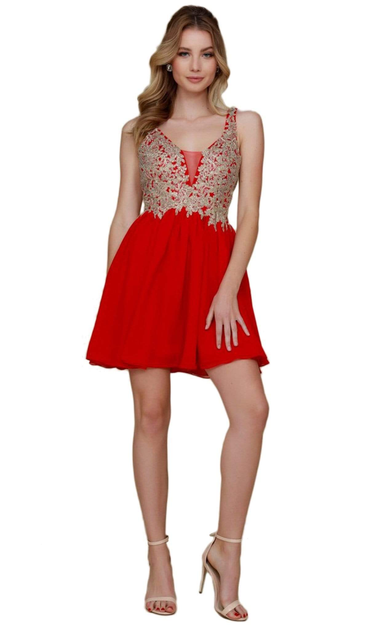 Nox Anabel - 6291 Beaded V-neck Scoop Back A-line Cocktail Dress Special Occasion Dress XS / Red