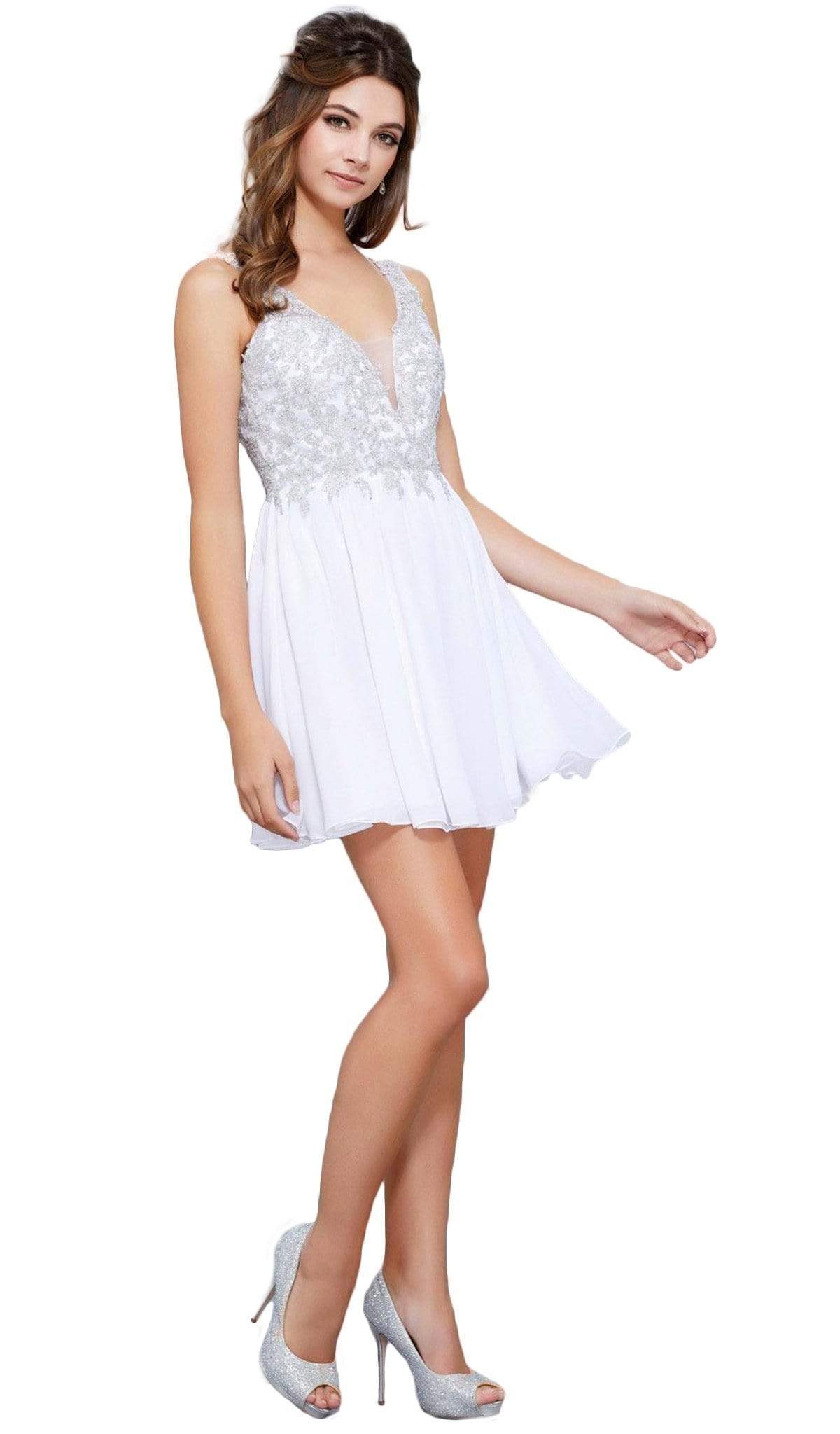 Nox Anabel - 6291 Beaded V-neck Scoop Back A-line Cocktail Dress Special Occasion Dress XS / White