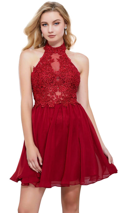 Nox Anabel - 6308 Ornate Lace Appliqued Illusion Halter Dress Special Occasion Dress XS / Burgundy