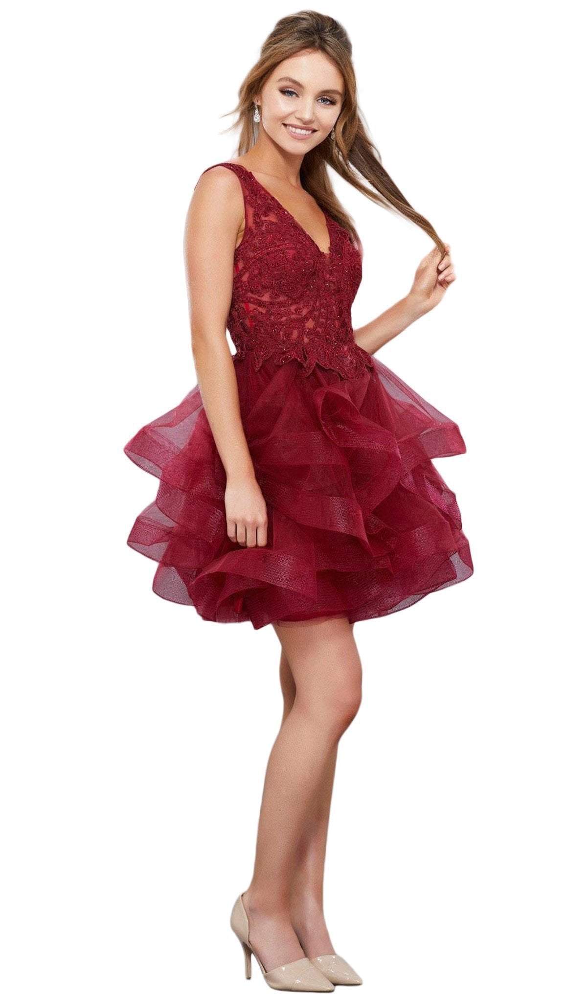Nox Anabel - 6310 Ruffled V-neck A-line Dress Special Occasion Dress XS / Burgundy