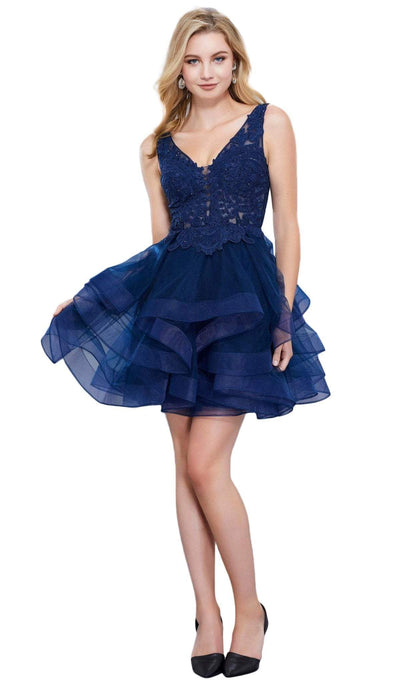Nox Anabel - 6310 Ruffled V-neck A-line Dress Special Occasion Dress XS / Navy
