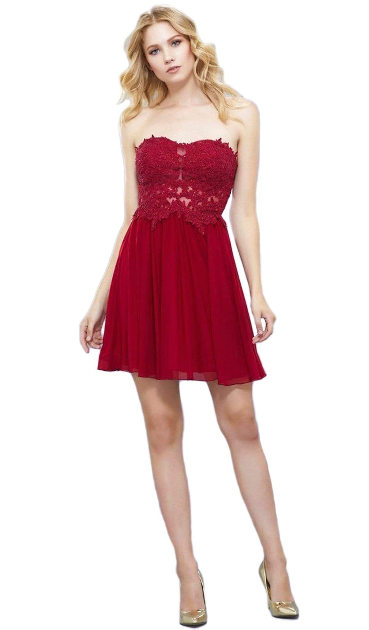 Nox Anabel - 6314 Strapless Embellished Sweetheart Cocktail Dress Cocktail Dresses XS / Burgundy