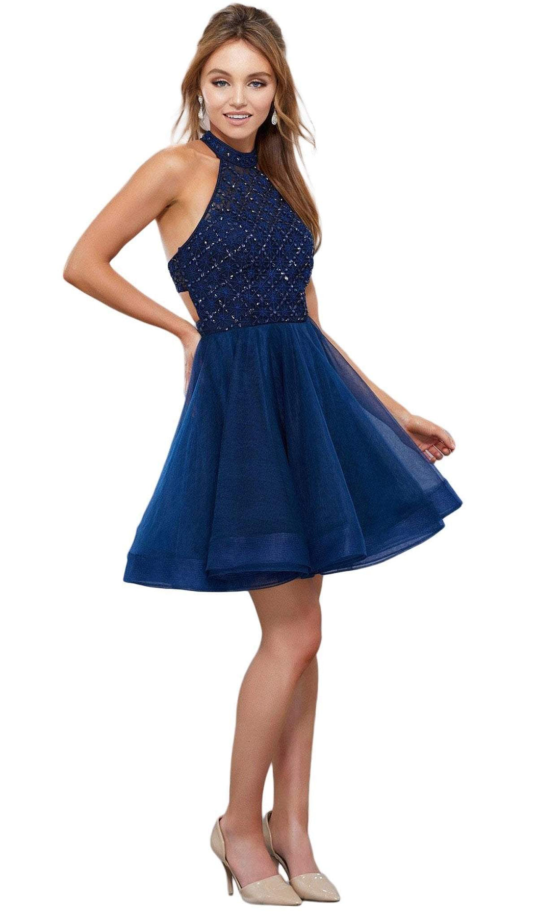 Nox Anabel - 6316 Illusion High Halter A-line Dress Special Occasion Dress XS / Navy