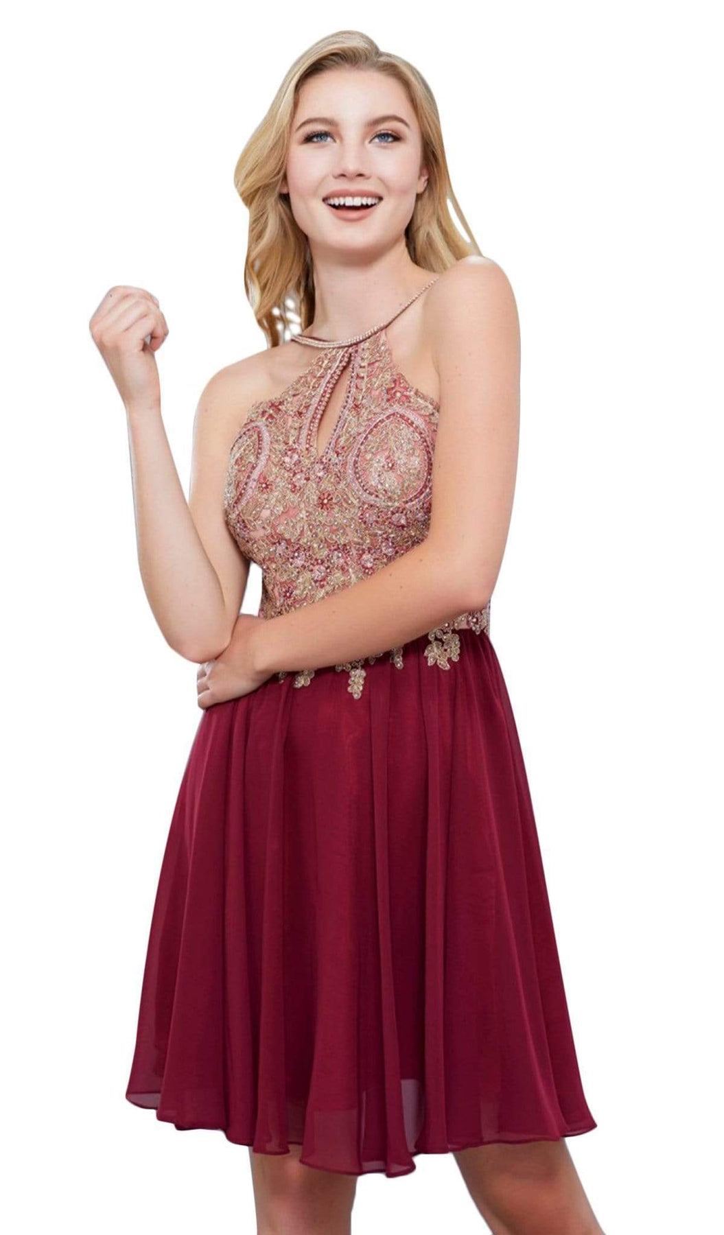 Nox Anabel - 6324 Ornate Lace Cutout Bodice Halter Dress Special Occasion Dress XS / Burgundy