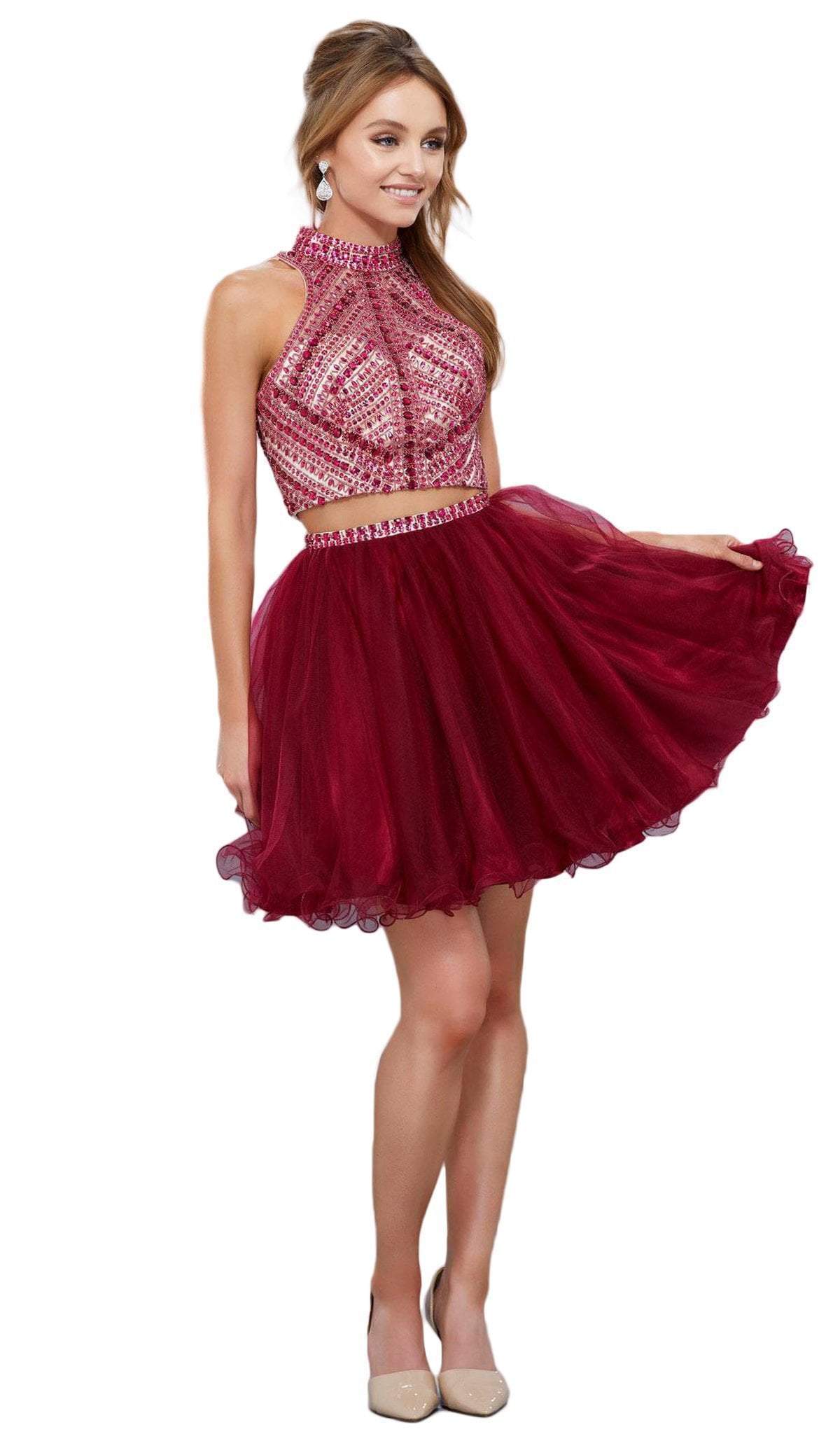 Nox Anabel - 6326 Two Piece Beaded A-line Dress Special Occasion Dress XS / Burgundy
