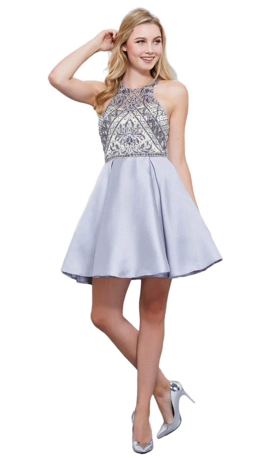 Nox Anabel - 6328 Embellished Illusion Halter A-line Dress Special Occasion Dress XS / Silver