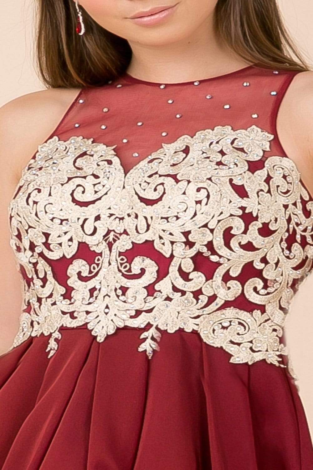 Nox Anabel - 6338 Metallic Appliqued Illusion Jewel A-Line Dress Homecoming Dresses