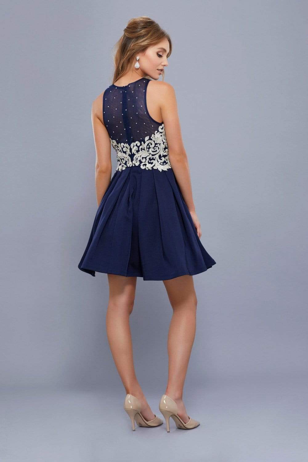 Nox Anabel - 6338 Metallic Appliqued Illusion Jewel A-Line Dress Homecoming Dresses