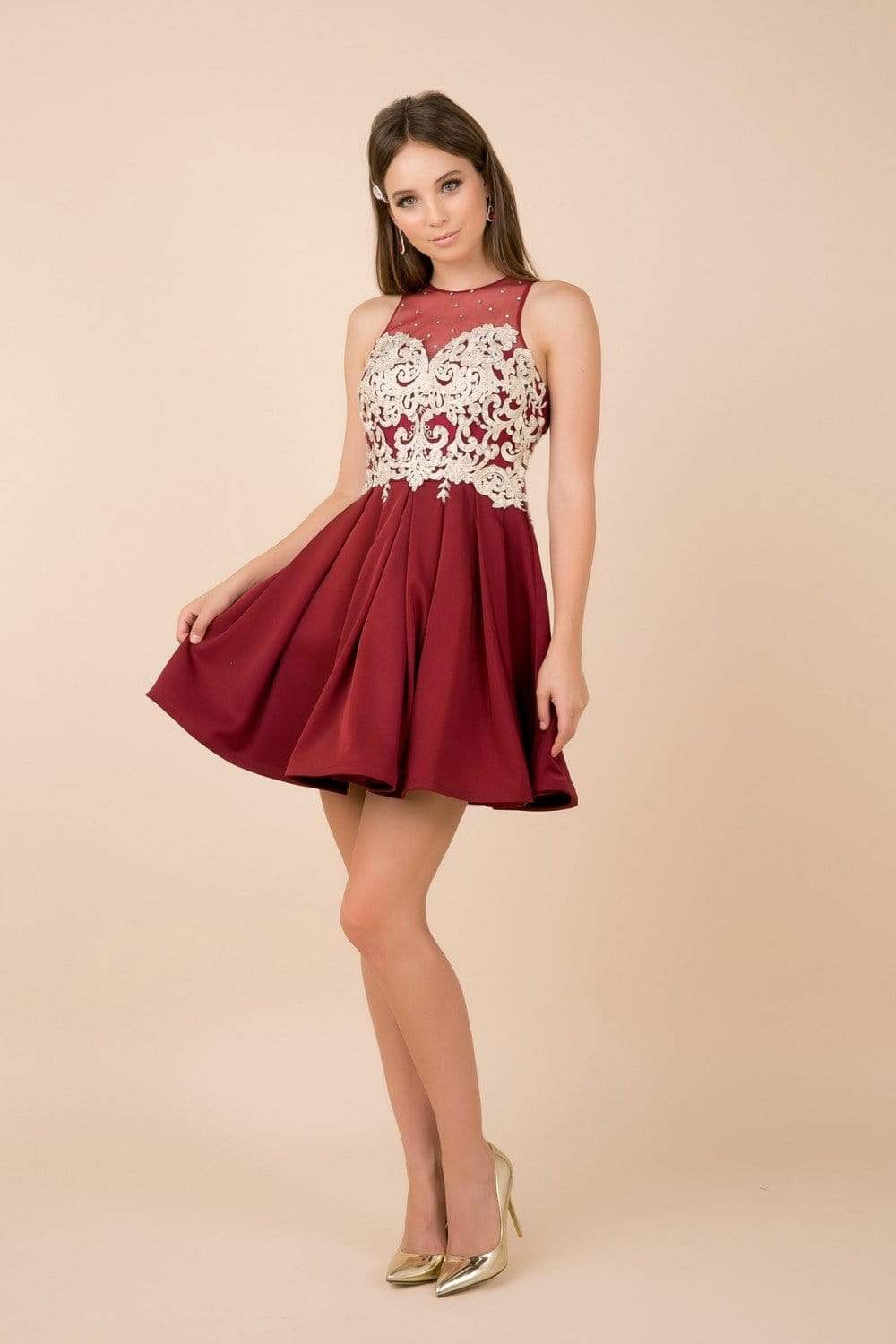 Nox Anabel - 6338 Metallic Appliqued Illusion Jewel A-Line Dress Homecoming Dresses XS / Burgundy
