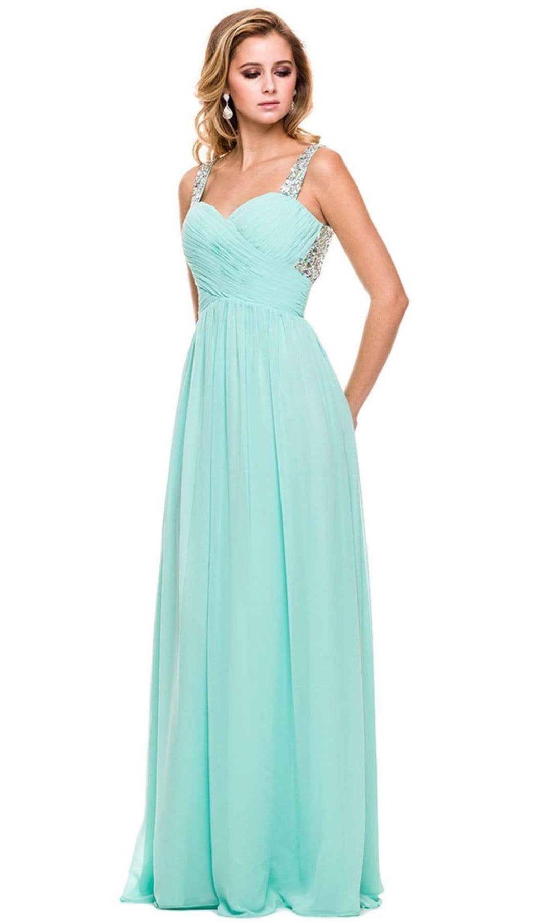 Nox Anabel - 8140 Rhinestone Embellished Ruched Long Dress Special Occasion Dress XS / Mint Green