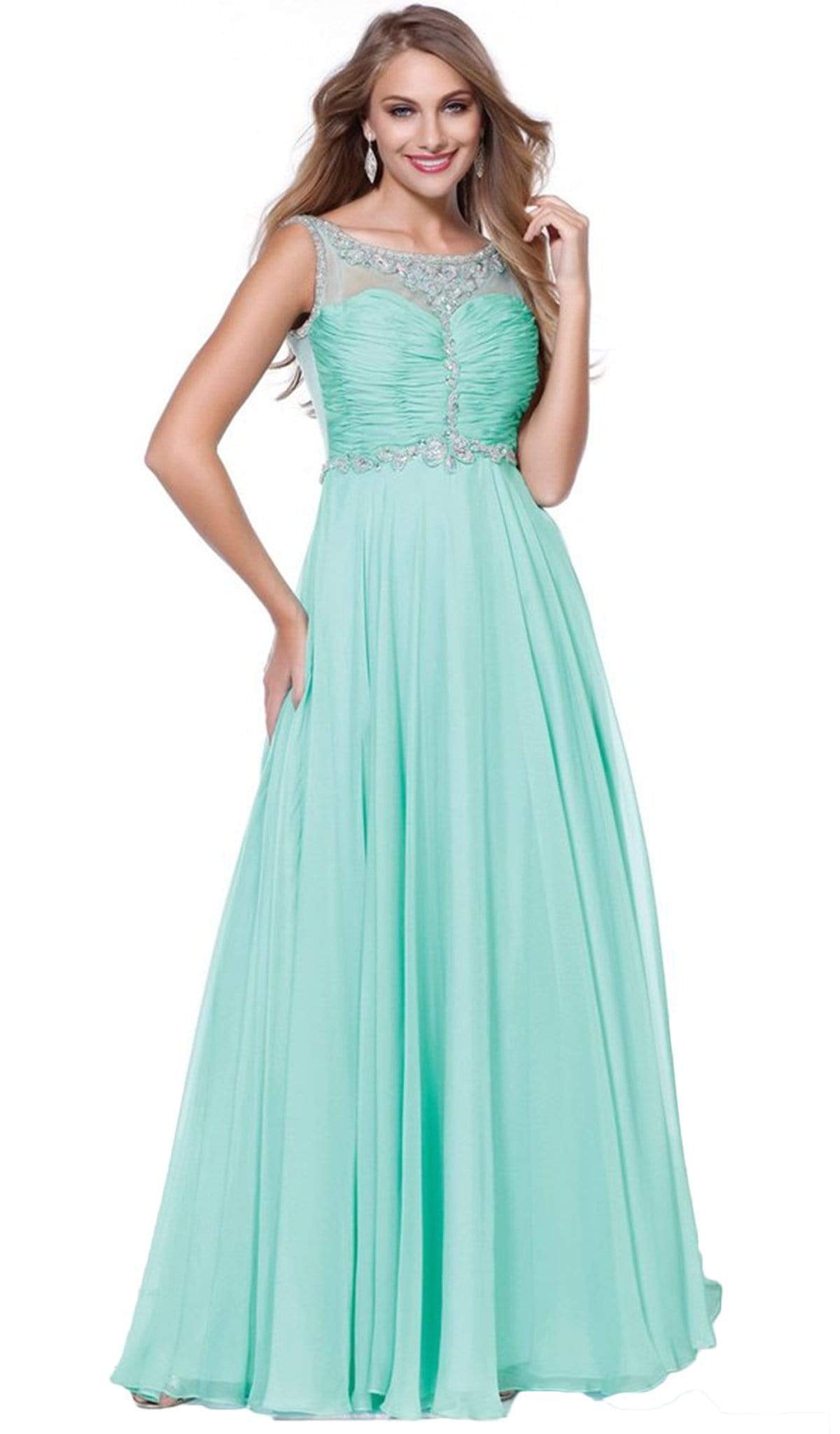 Nox Anabel - 8155 Bateau illusion Chiffon Gown Special Occasion Dress XS / Mint Green