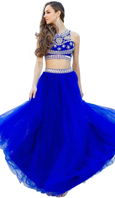 Nox Anabel - 8162 Two Piece Jeweled A-line Dress Special Occasion Dress XS / Royal Blue