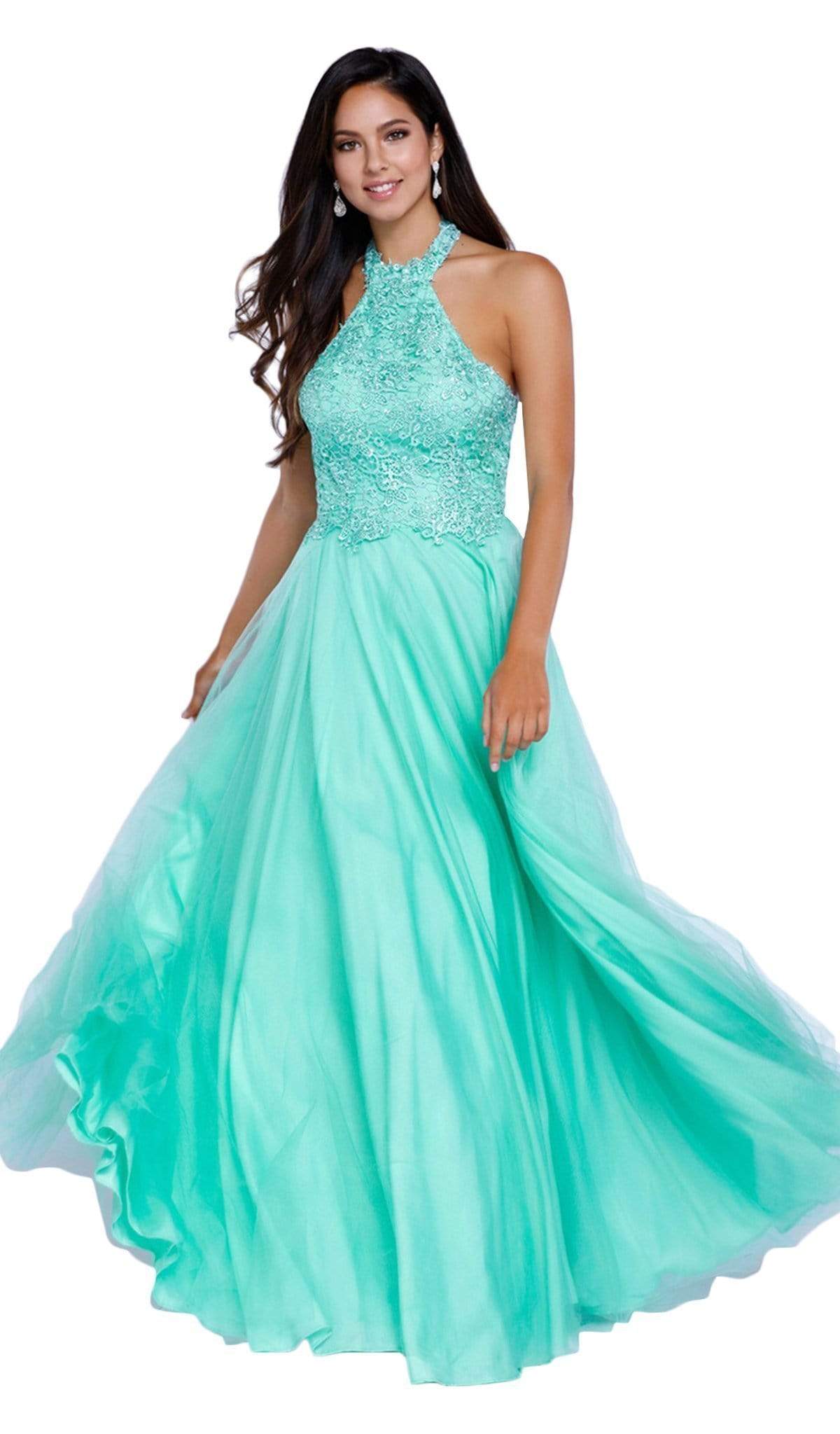 Nox Anabel - 8181 Lace Embroidered Bodice Halter Long Gown Special Occasion Dress XS / Mint Green