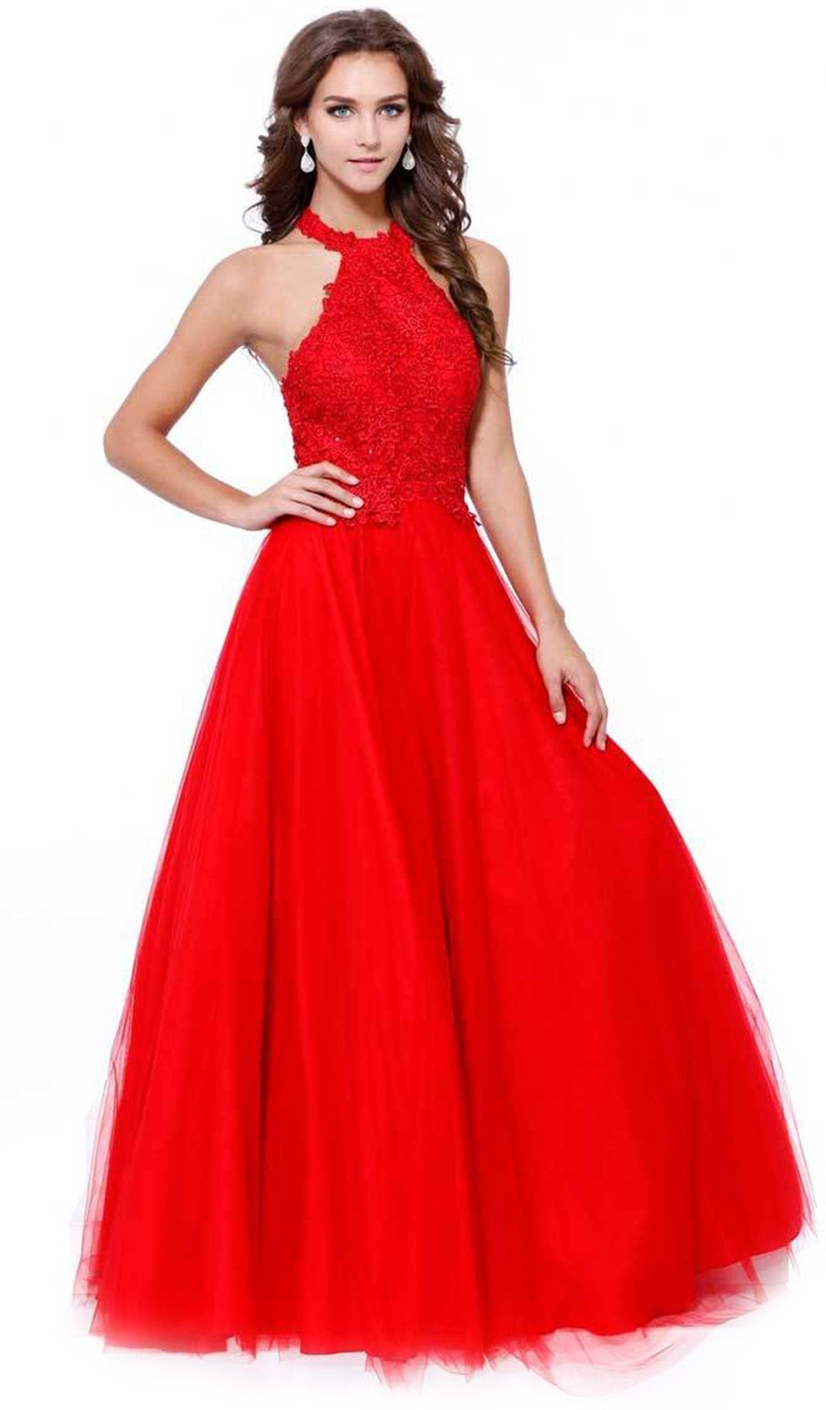Nox Anabel - 8181 Lace Embroidered Bodice Halter Long Gown Special Occasion Dress XS / Red