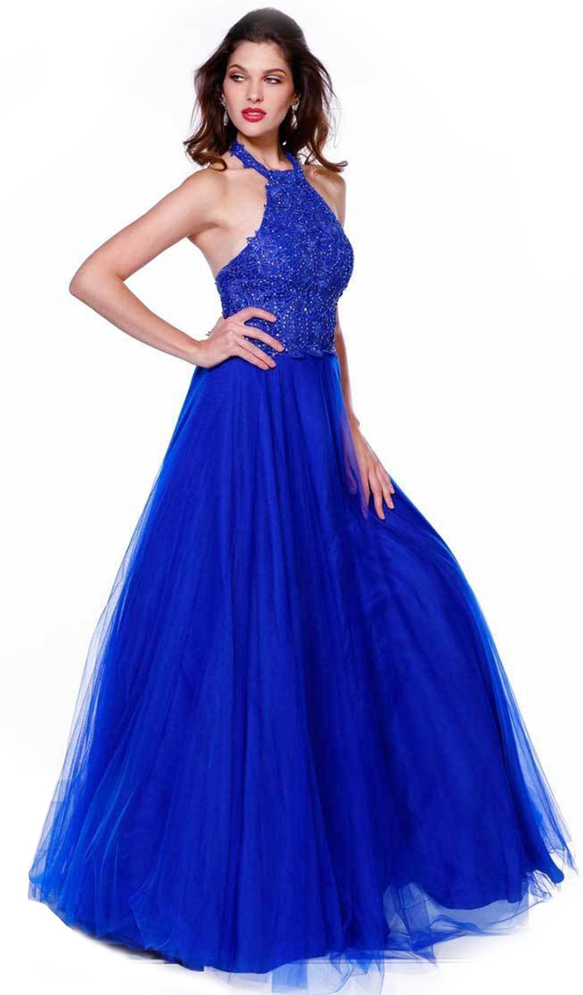 Nox Anabel - 8181 Lace Embroidered Bodice Halter Long Gown Special Occasion Dress XS / Royal Blue