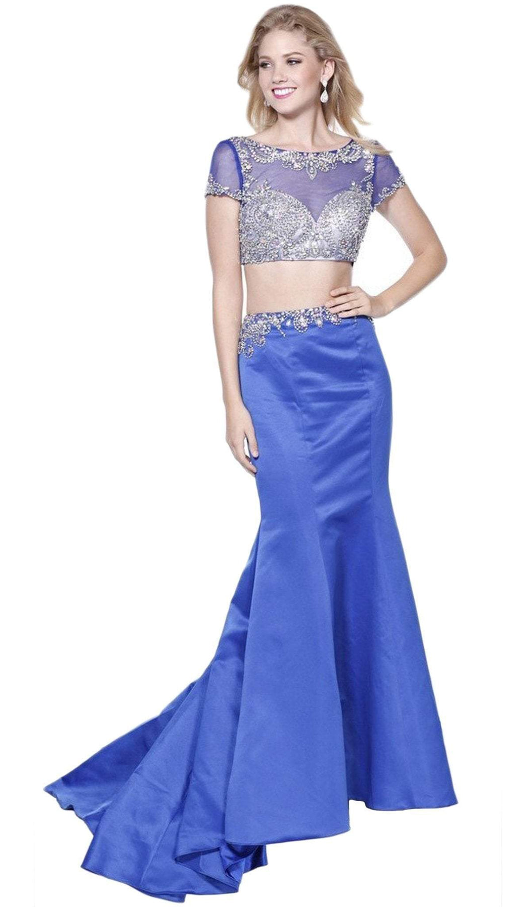 Nox Anabel - 8184 Two Piece Beaded Short Sleeves Trumpet Gown Special Occasion Dress XS / Royal Blue