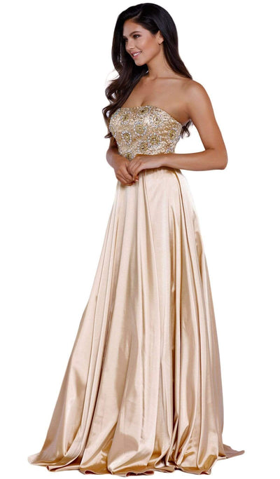 Nox Anabel - 8186 Metallic Embellished Strapless Long Evening Gown Special Occasion Dress XS / Gold