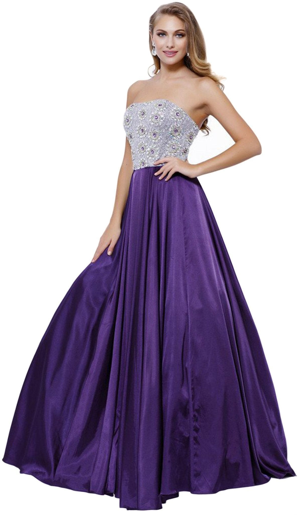 Nox Anabel - 8186 Metallic Embellished Strapless Long Evening Gown Special Occasion Dress XS / Plum