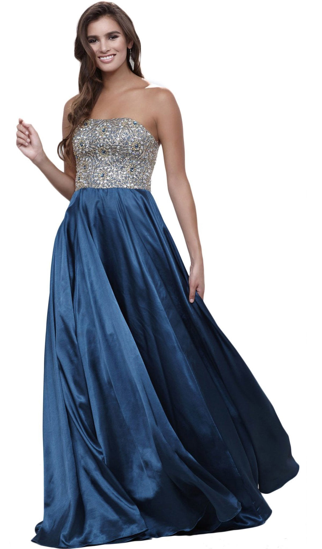 Nox Anabel - 8186 Metallic Embellished Strapless Long Evening Gown Special Occasion Dress XS / Teal