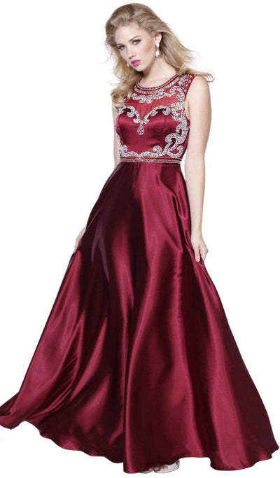 Nox Anabel - 8188 Bedazzled Illusion Jewel A-line Dress Special Occasion Dress XS / Burgundy