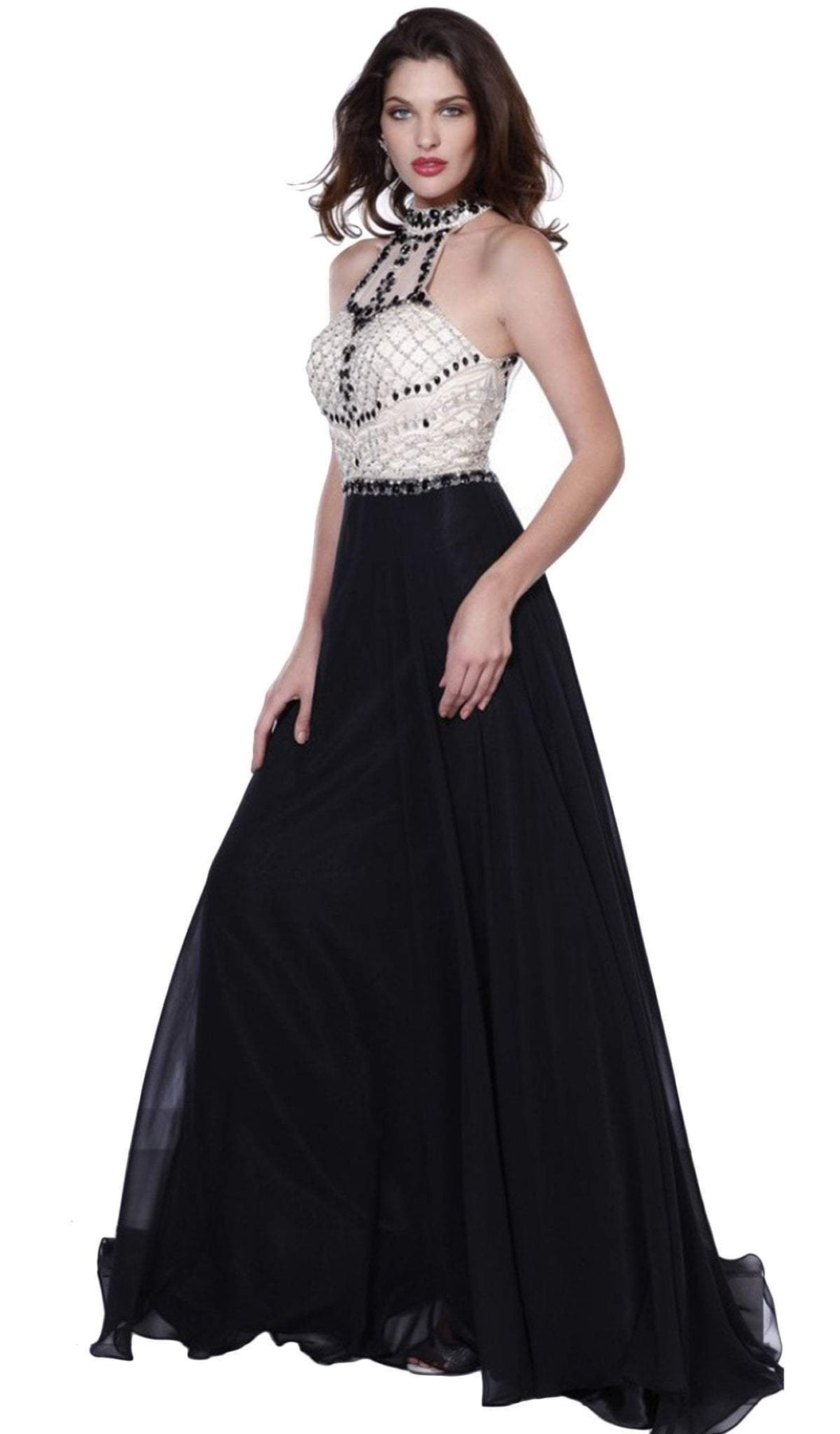 Nox Anabel - 8200 Bejeweled Halter Chiffon A-line Dress Special Occasion Dress XS / Black