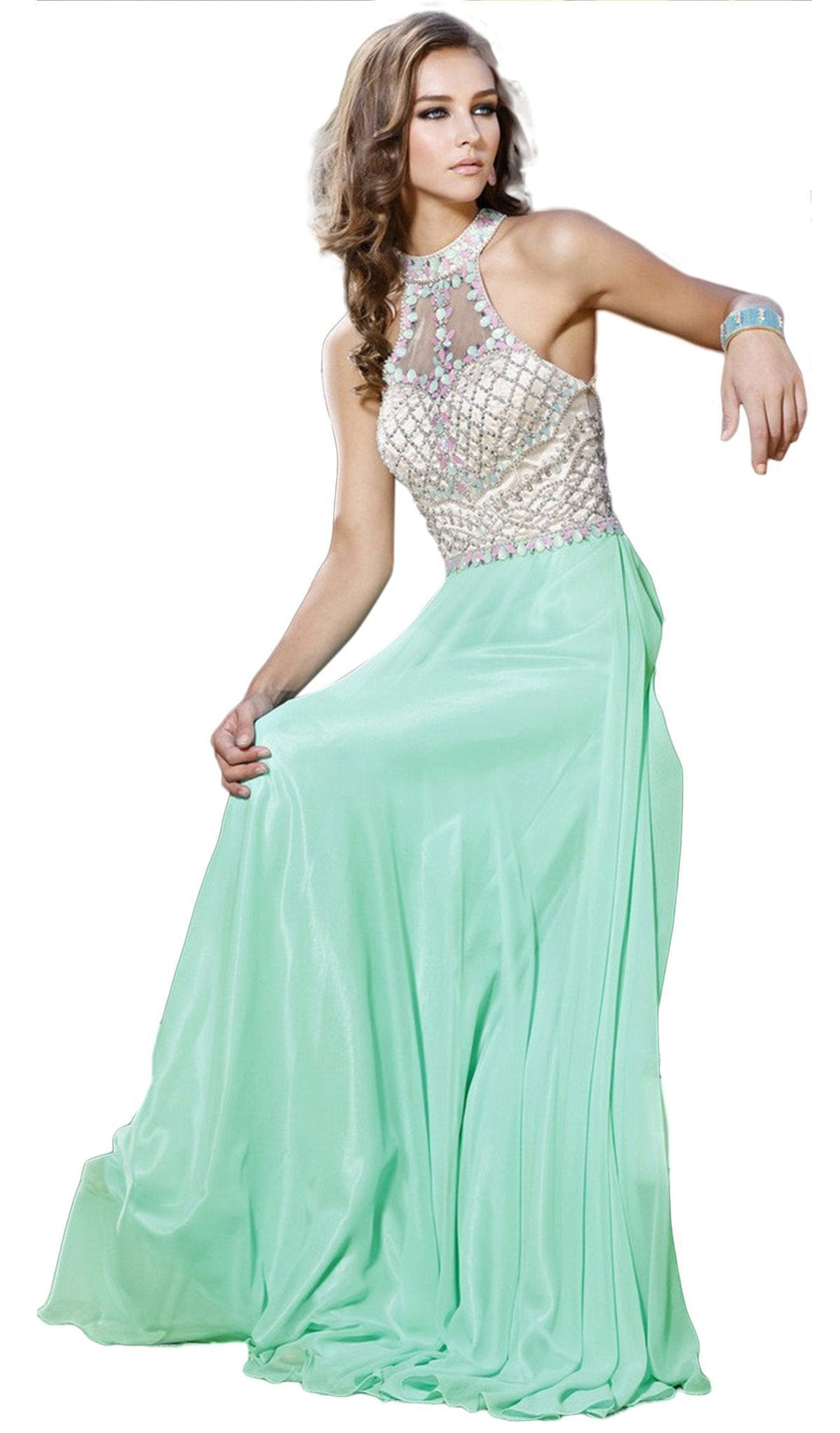 Nox Anabel - 8200 Bejeweled Halter Chiffon A-line Dress Special Occasion Dress XS / Mint Green
