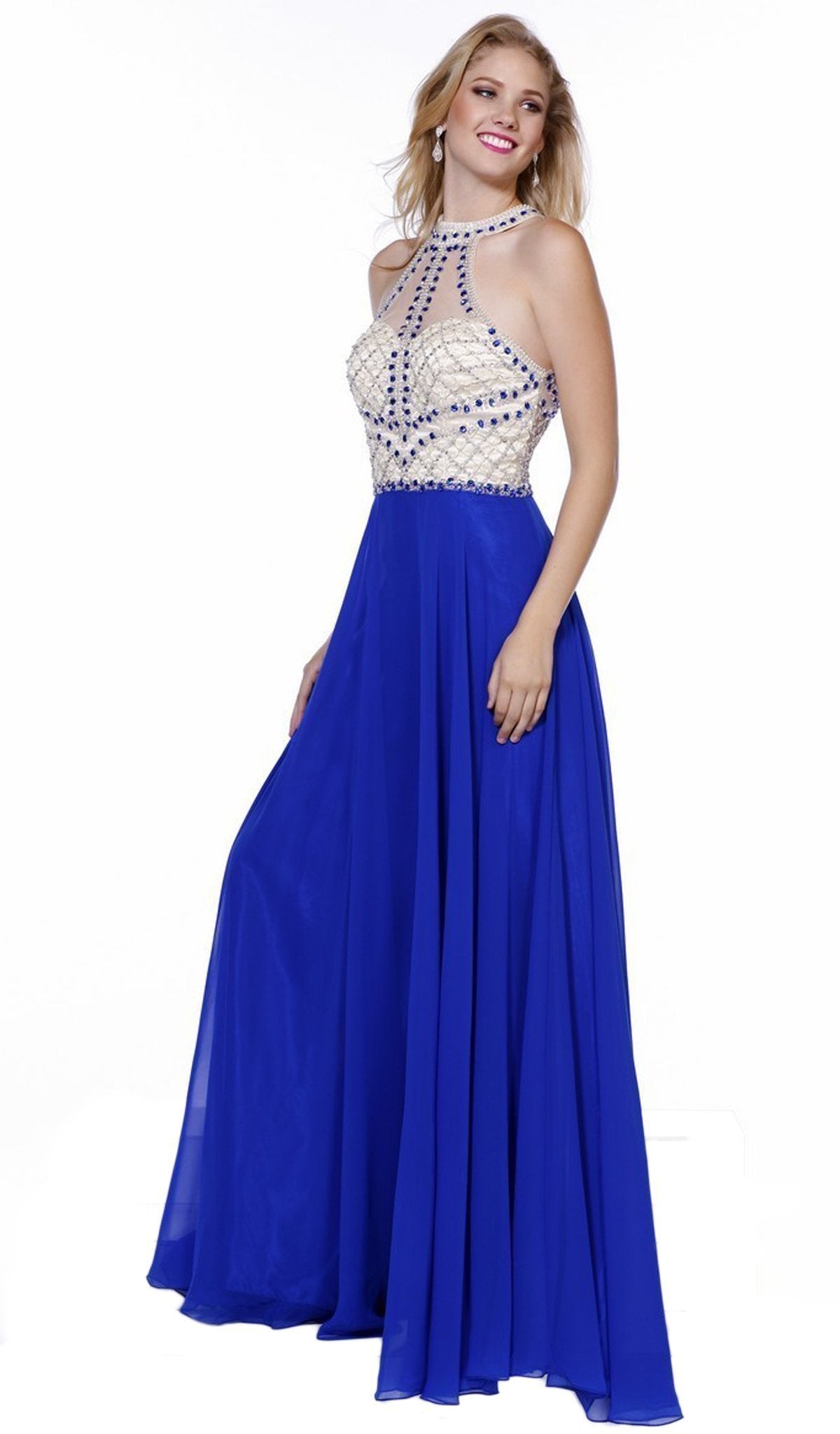 Nox Anabel - 8201 Beaded Sleeveless Halter Long Gown Special Occasion Dress XS / Royal Blue