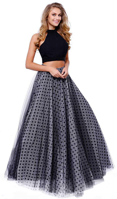 Nox Anabel - 8204 Two-Piece Halter Polka Dot Printed Evening Gown Special Occasion Dress XS / Black Polka Dots