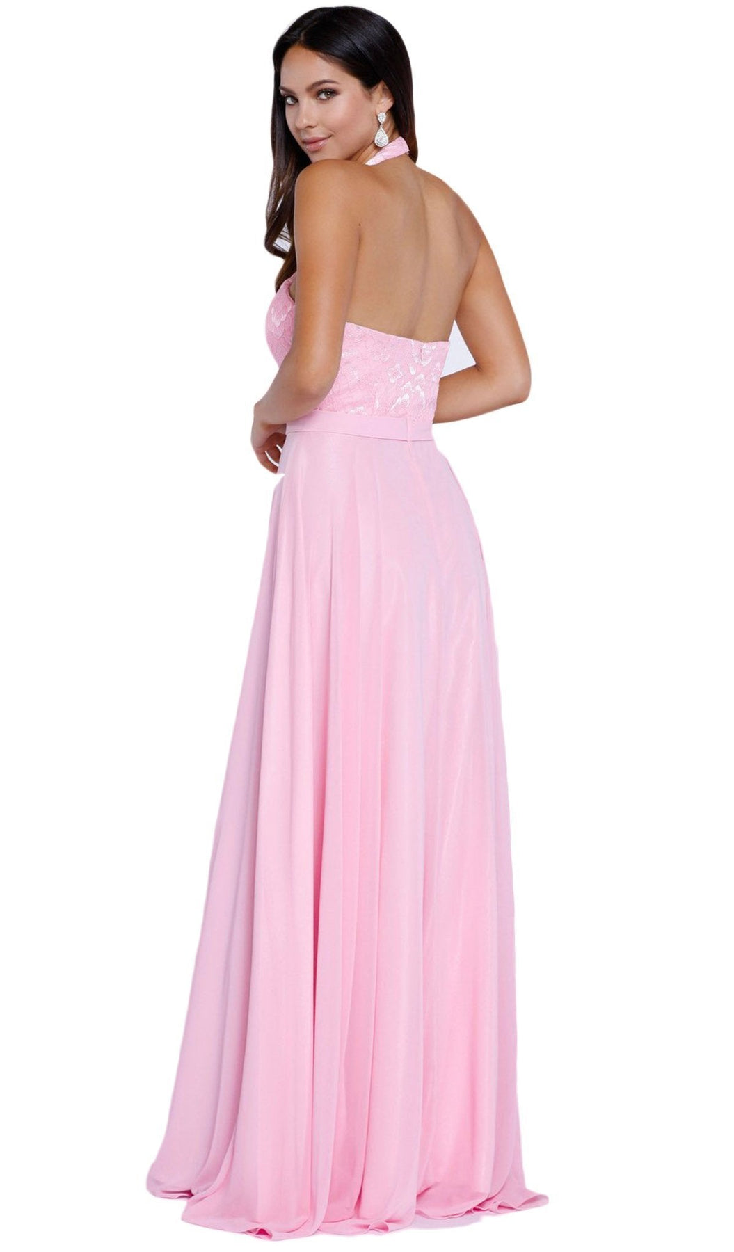 Nox Anabel - 8233 Halter Illusion Laced Bodice Long Evening Gown Special Occasion Dress XS / Baby Pink