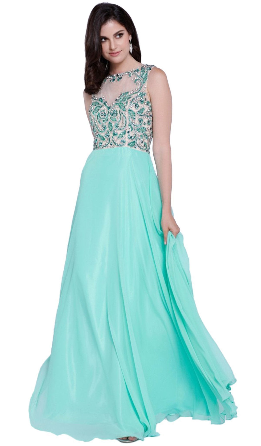 Nox Anabel - 8235 Beaded Embroidery Illusion Evening Gown Special Occasion Dress XS / Mint Green
