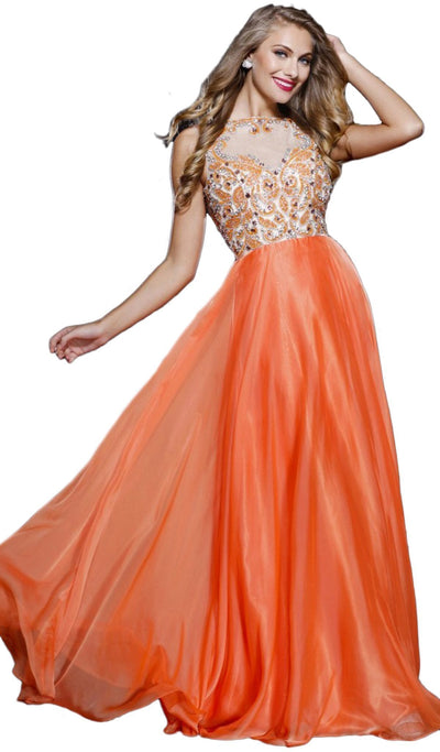 Nox Anabel - 8235 Beaded Embroidery Illusion Evening Gown Special Occasion Dress XS / Orange
