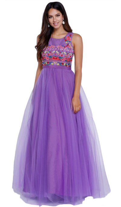 Nox Anabel - 8263 Floral Embroidered Bateau Chiffon Evening Dress Special Occasion Dress XS / Lavender