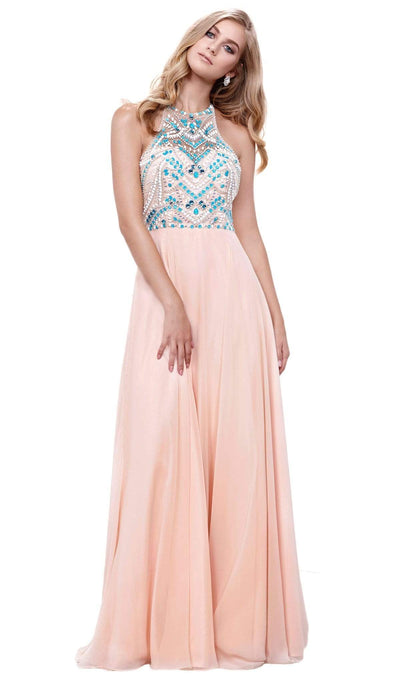 Nox Anabel - 8276 Sleeveless Bejeweled Halter A-line Dress Special Occasion Dress XS / Nude & Aqua