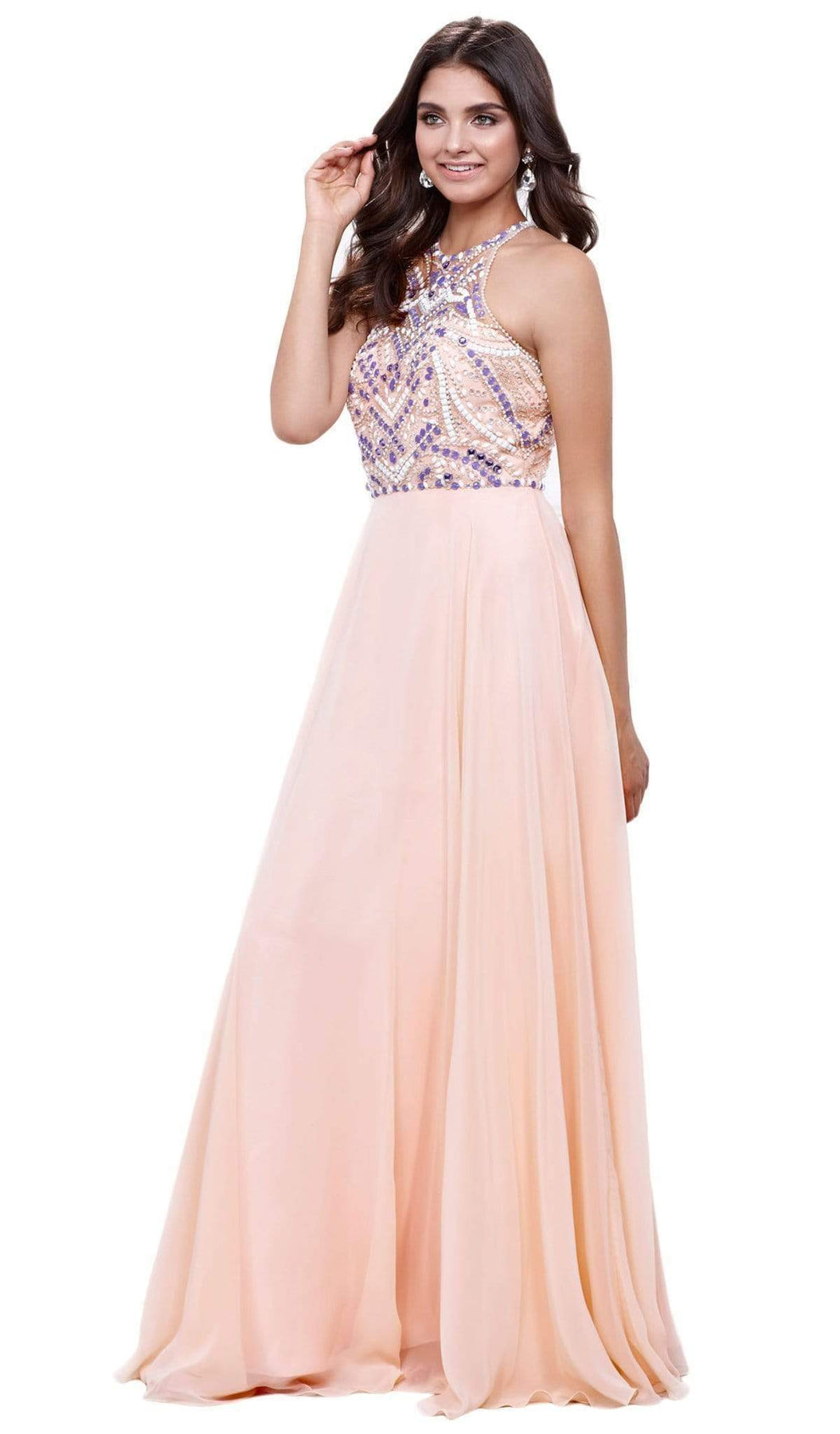 Nox Anabel - 8276 Sleeveless Bejeweled Halter A-line Dress Special Occasion Dress XS / Nude & Purple