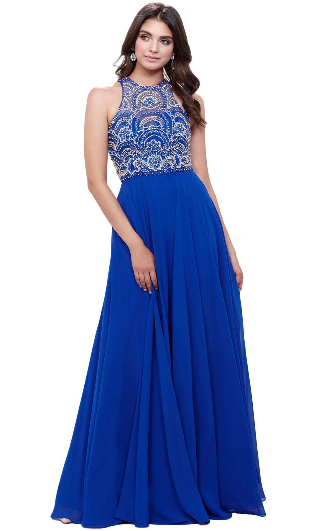 Nox Anabel - 8277 Sleeveless High Neck Beaded Bodice A-line Dress Special Occasion Dress XS / Royal Blue