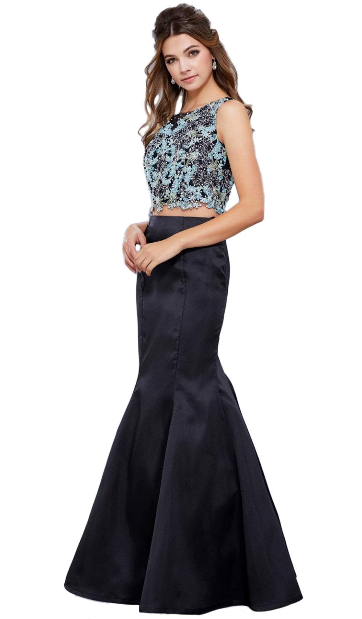 Nox Anabel - 8287 Two-Piece Crop Top Floral Lace Long Dress Special Occasion Dress XS / Black